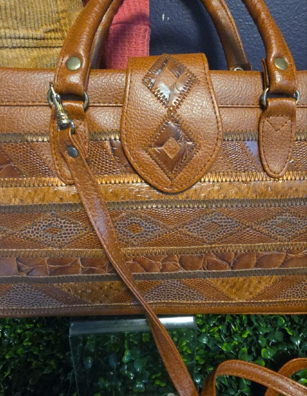 Vtg Artisan Animal Textured Panel Satchel with Top Handles & Crossbody Strap